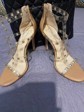 Jessica Simpson “Wavery“ Studded Caged Stiletto Heels – Tan/Clear. Size 10 M/42.
